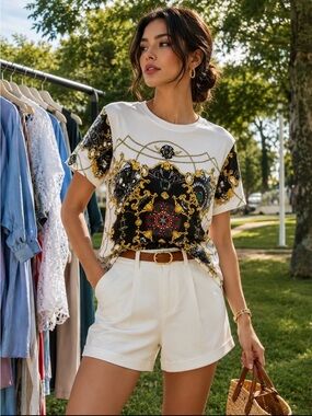 Women's White Short-Sleeve Baroque Print Tee